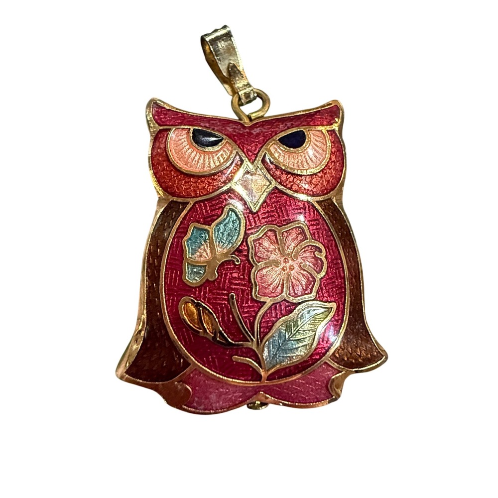 Vintage Cloisonne Owl Pendant Vintage Enamel Gold‎ Tone Necklace Charm Statement